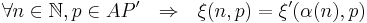 \forall n \in \mathbb{N}, p \in AP' ~~ \Rightarrow ~~ \xi(n, p) = \xi'(\alpha(n), p)