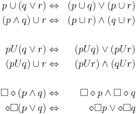 
\begin{align}

p \cup (q \vee r) & \Leftrightarrow & (p \cup q) \vee (p \cup r) \\
(p \wedge q) \cup r & \Leftrightarrow & (p \cup r) \wedge (q \cup r) \\
 & & \\
p U (q \vee r) & \Leftrightarrow & (p U q) \vee (p U r) \\
(p U q) \cup r & \Leftrightarrow & (p U r) \wedge (q U r) \\
 & & \\
\Box\diamond (p \wedge q) & \Leftrightarrow & \Box\diamond p \wedge \Box\diamond q \\
\diamond\Box (p \vee q) & \Leftrightarrow & \diamond\Box p \vee \diamond\Box q \\


\end{align}
