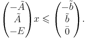 \begin{pmatrix} - \tilde{A} \\ \tilde{A} \\ - E \end{pmatrix}  x \leqslant \begin{pmatrix} - \tilde{b} \\ \tilde{b} \\ \bar{0} \end{pmatrix}.