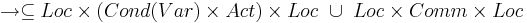 \rightarrow \subseteq Loc \times (Cond(Var) \times Act) \times Loc ~ \cup ~ Loc \times Comm \times Loc